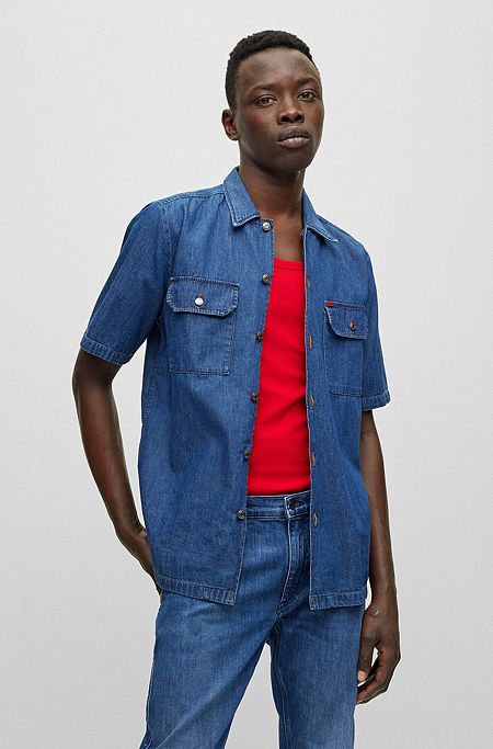 Relaxed-fit denim shirt in pure cotton, Blue