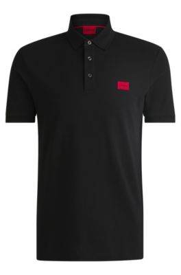Cotton-piqu&eacute; slim-fit polo shirt with logo label, Black