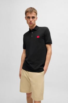 Cotton-piqu&eacute; slim-fit polo shirt with logo label, Black