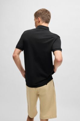 Cotton-piqu&eacute; slim-fit polo shirt with logo label, Black