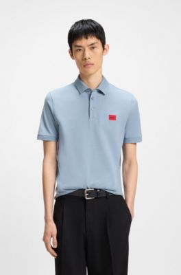 Cotton-piqu&eacute; slim-fit polo shirt with logo label, Light Blue