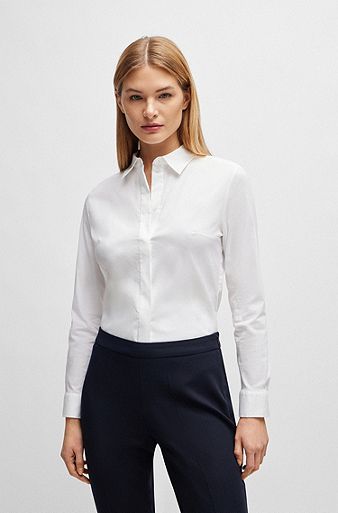 Women Turn-down Collar Bodysuit Shirt Work Blouse Button Down Long Sleeve  Top