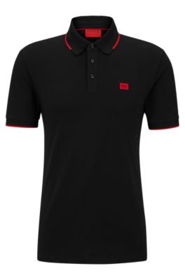 Shop Hugo Cotton-piqu Slim-fit Polo Shirt With Red Logo Label In Black