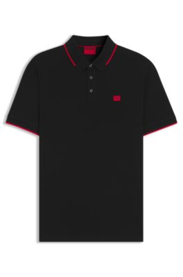 Cotton-piqu&eacute; slim-fit polo shirt with red logo label, Black