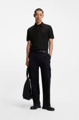 Cotton-piqu&eacute; slim-fit polo shirt with red logo label, Black