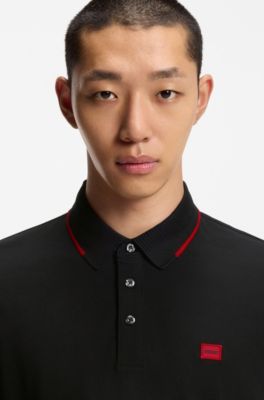 Cotton-piqu&eacute; slim-fit polo shirt with red logo label, Black