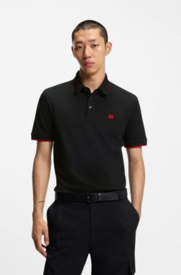 Cotton-piqu&eacute; slim-fit polo shirt with red logo label, Black