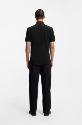 Cotton-piqu&eacute; slim-fit polo shirt with red logo label, Black