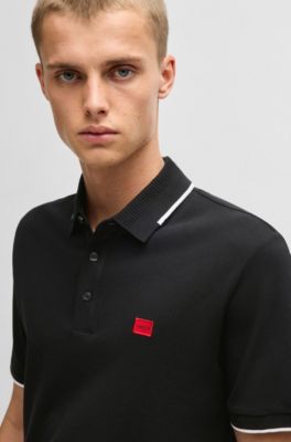 Polo slim fit con etiqueta con logo roja, Negro