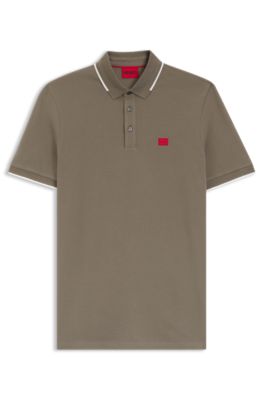 Cotton-piqu&eacute; slim-fit polo shirt with red logo label, Brown