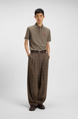 Cotton-piqu&eacute; slim-fit polo shirt with red logo label, Brown