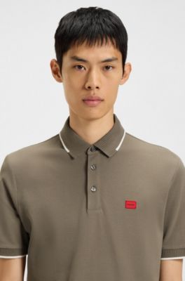 Cotton-piqu&eacute; slim-fit polo shirt with red logo label, Brown