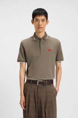 Cotton-piqu&eacute; slim-fit polo shirt with red logo label, Brown