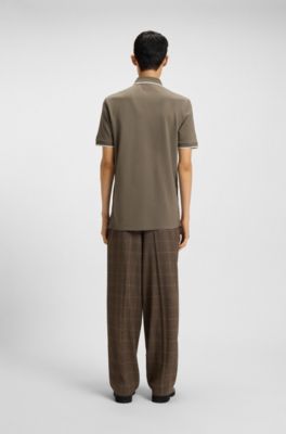 Cotton-piqu&eacute; slim-fit polo shirt with red logo label, Brown