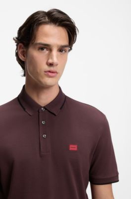 Cotton-piqu&eacute; slim-fit polo shirt with red logo label, Light Brown