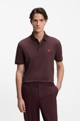 Cotton-piqu&eacute; slim-fit polo shirt with red logo label, Light Brown