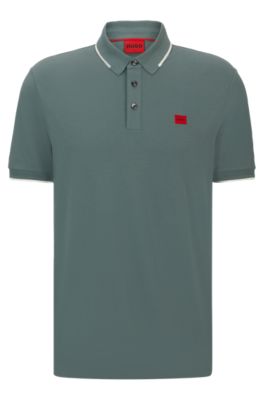 Hugo Cotton-piqu Slim-fit Polo Shirt With Logo Label In Dark Green