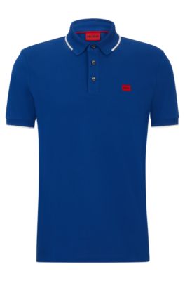 HUGO Cotton pique slim fit polo shirt with red logo label Blue