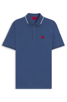 Cotton-piqu&eacute; slim-fit polo shirt with red logo label, Blue