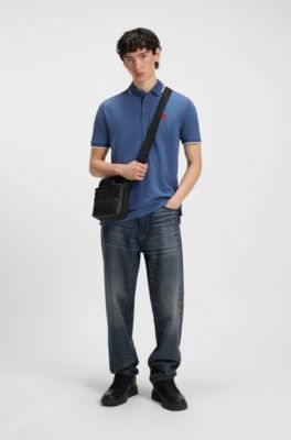 Polo slim fit con etiqueta con logo roja, Azul