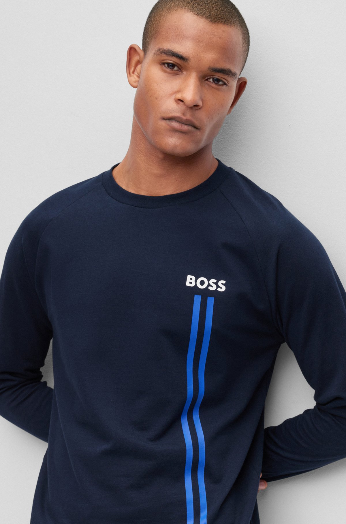 Cotton-terry sweatshirt with logo and stripe prints, Dark Blue