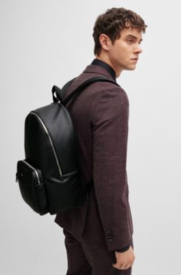 BOSS - Faux-leather backpack with logo and signature stripe