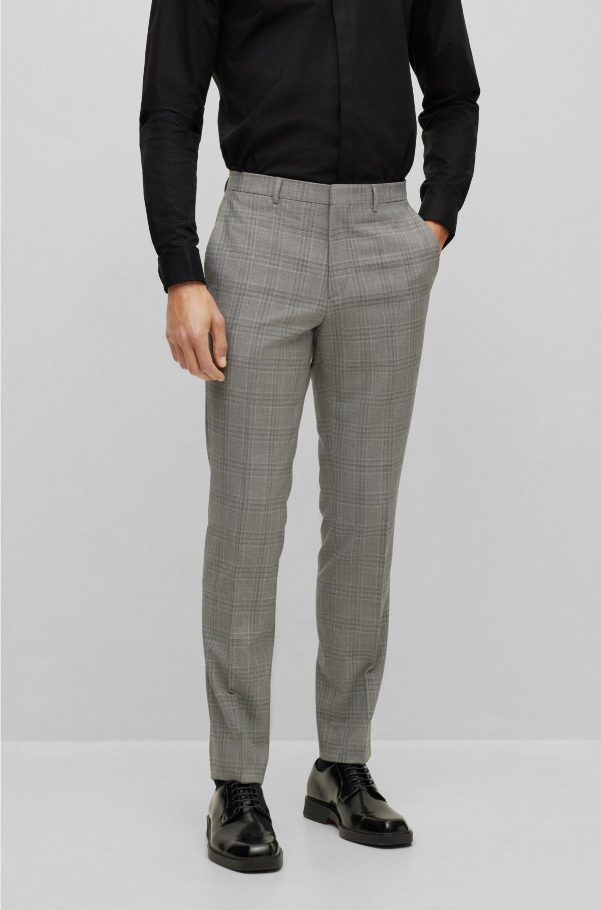 Extra-slim-fit suit in checked performance-stretch cloth, Light Grey