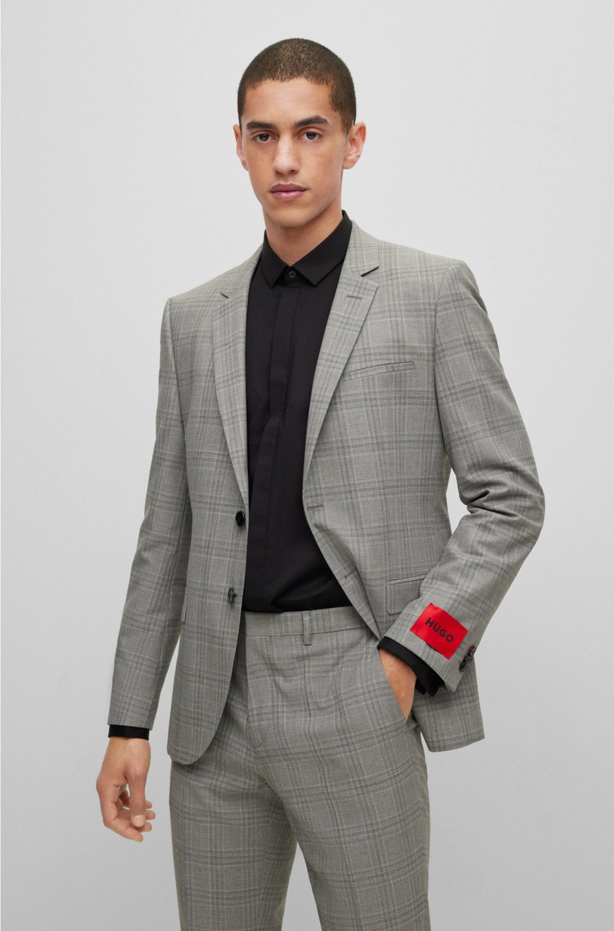 Extra-slim-fit suit in checked performance-stretch cloth, Light Grey