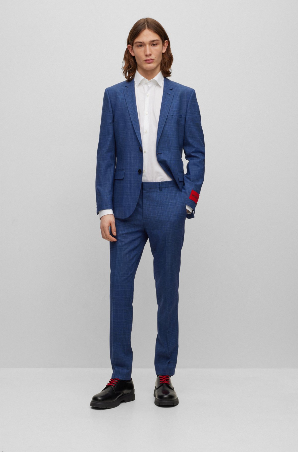 HUGO - Extra-slim-fit suit in checked performance-stretch cloth