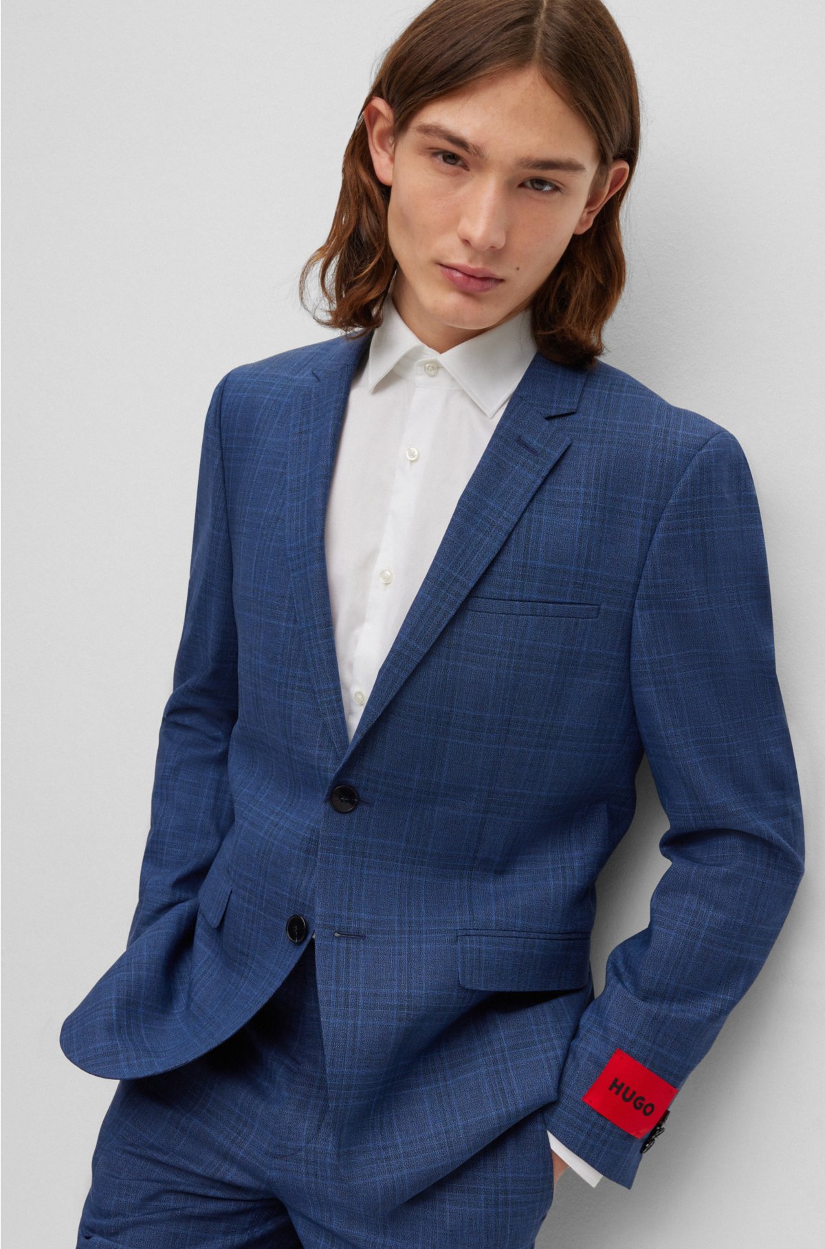 Extra-slim-fit suit in checked performance-stretch cloth, Turquoise