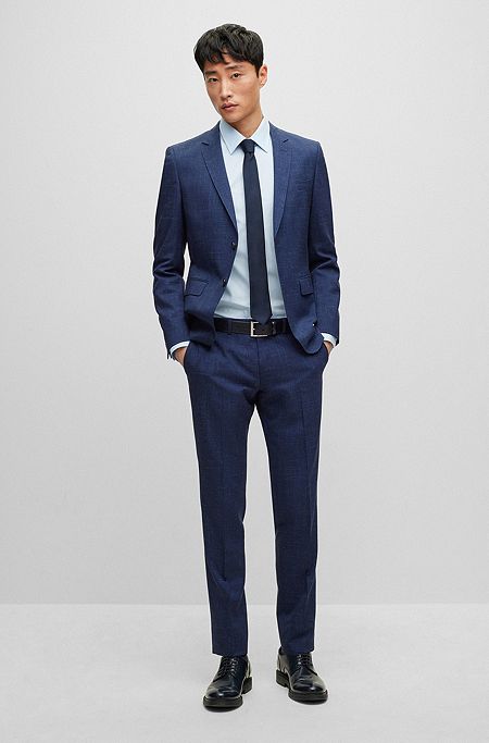 Extra-slim-fit suit in patterned wool and linen, Dark Blue