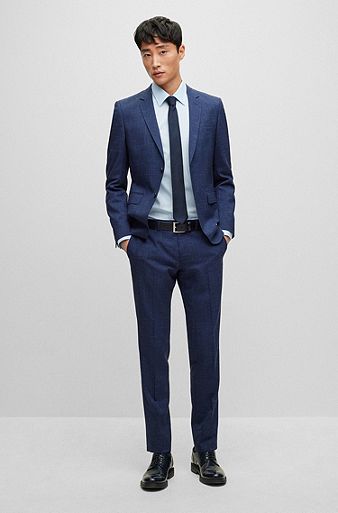 Extra-slim-fit suit in patterned wool and linen, Dark Blue