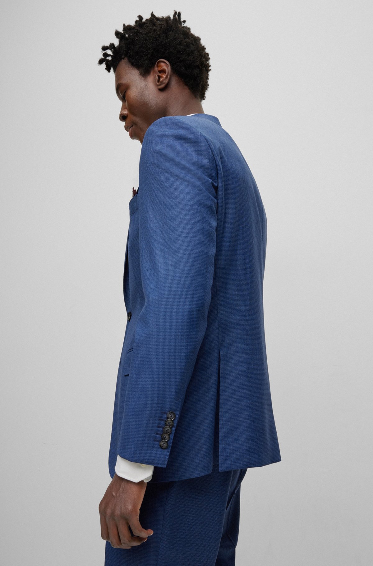 Three-piece slim-fit suit in virgin wool, Dark Blue