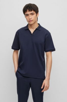 Hugo Interlock-cotton Polo Shirt With Johnny Collar In Dark Blue