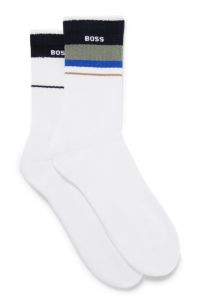 Lot de deux paires de chaussettes mi-mollet à logo et rayures, Blanc
