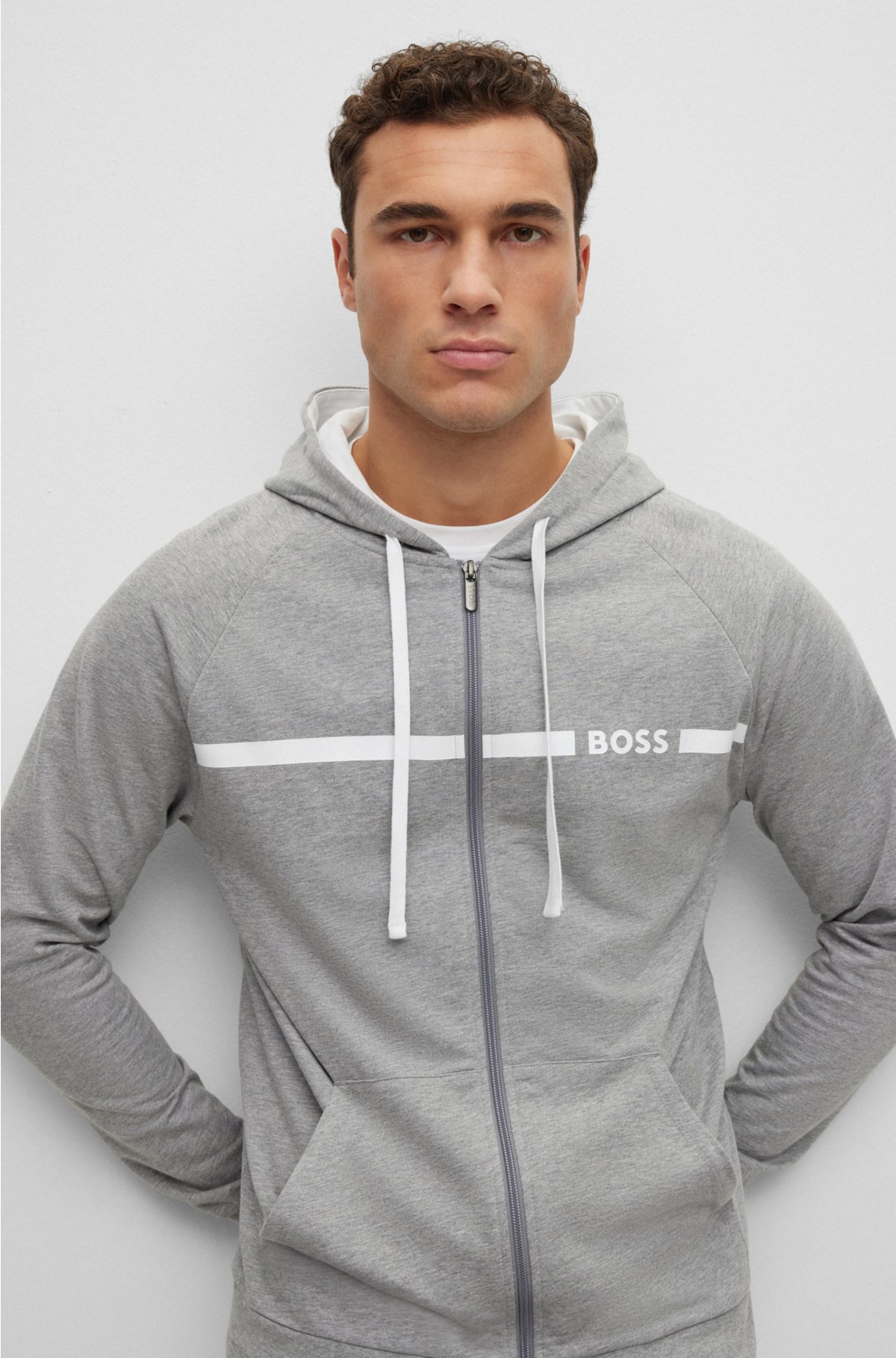 BOSS - Cotton-terry zip-up hoodie with stripe and logo