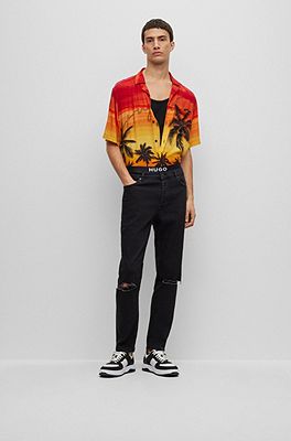 HUGO - palm print Relaxed-fit logo and with shirt handwritten