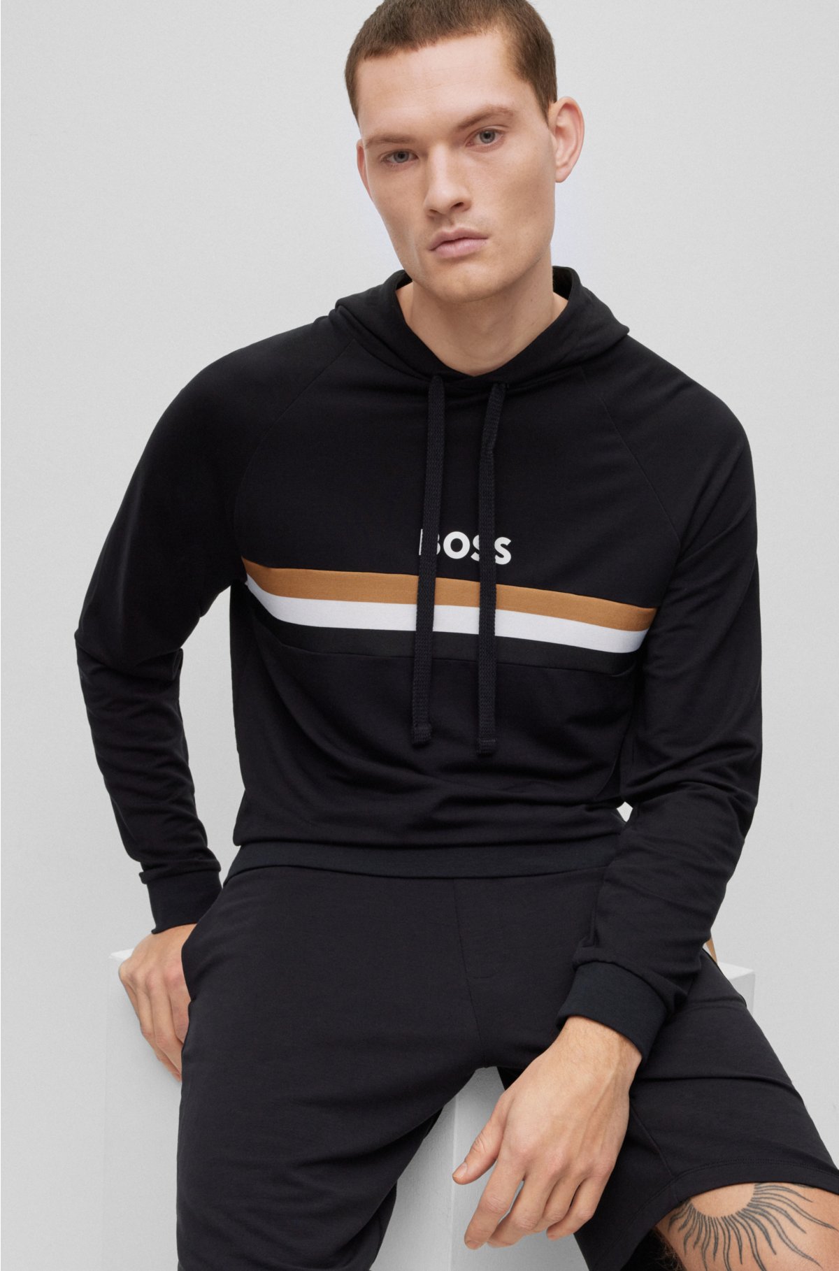BOSS - Signature-stripe hoodie with embroidered logo