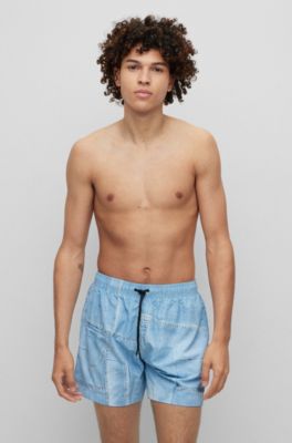 Hugo Boss Quick-dry Swim Shorts With Denim Print In Light Blue