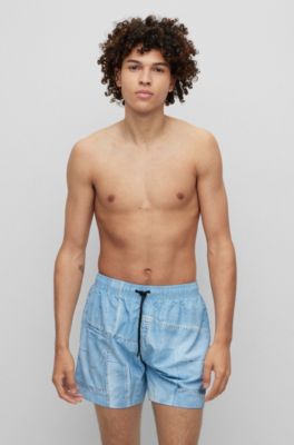 Hugo Quick-dry Swim Shorts With Denim Print In Light Blue