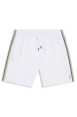 Short de bain avec rayures embl&eacute;matiques et logo, Blanc