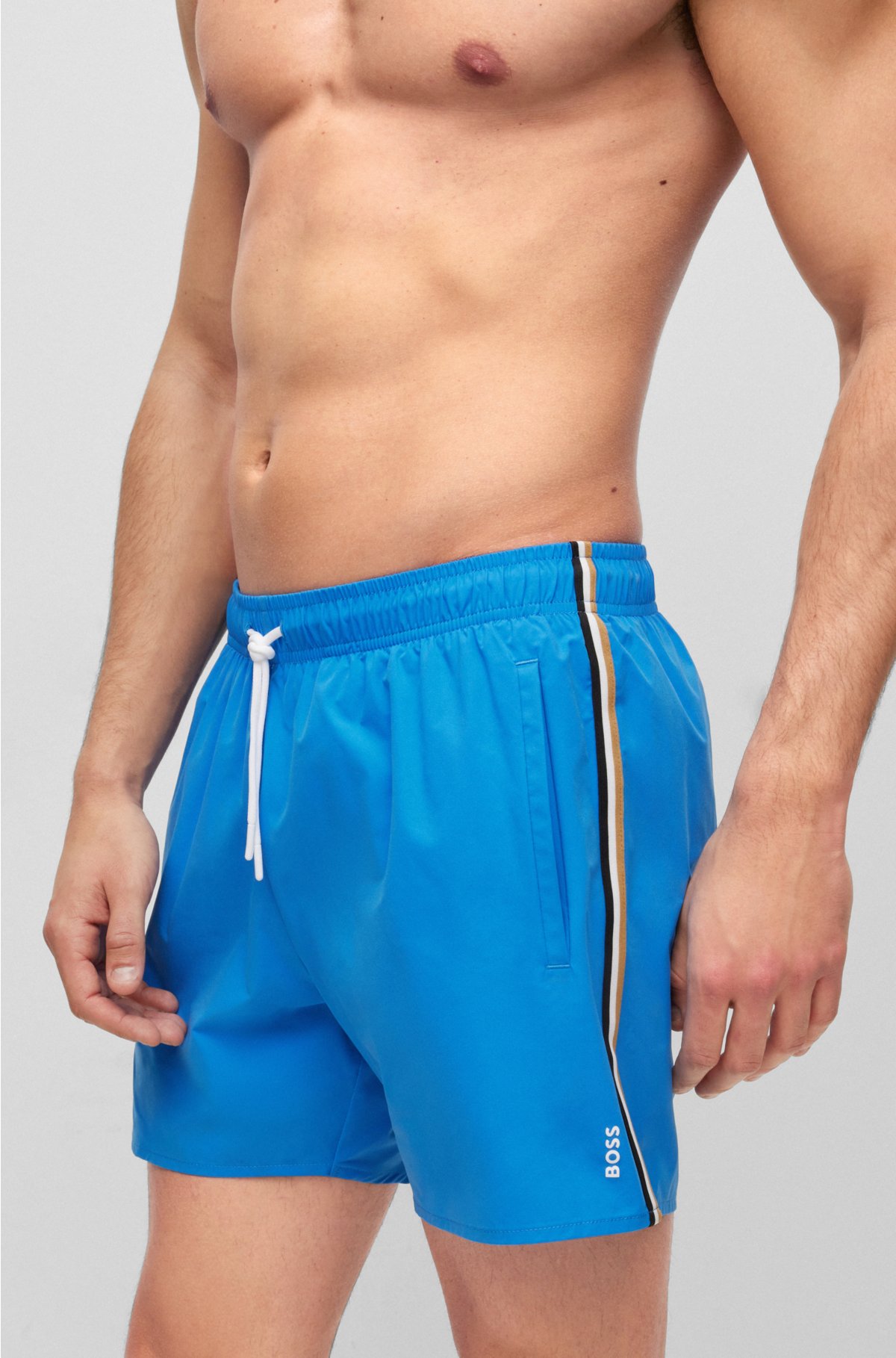 Slim-Fit Mid-Length Logo-Print Striped Swim Shorts