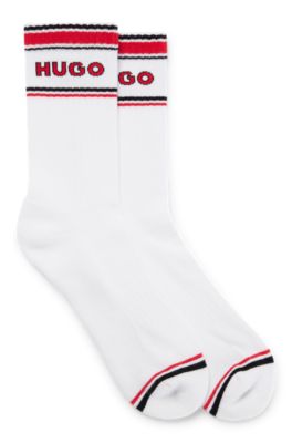 Shop Hugo Two-pack Of Quarter-length Socks With Stripes And Logo In White