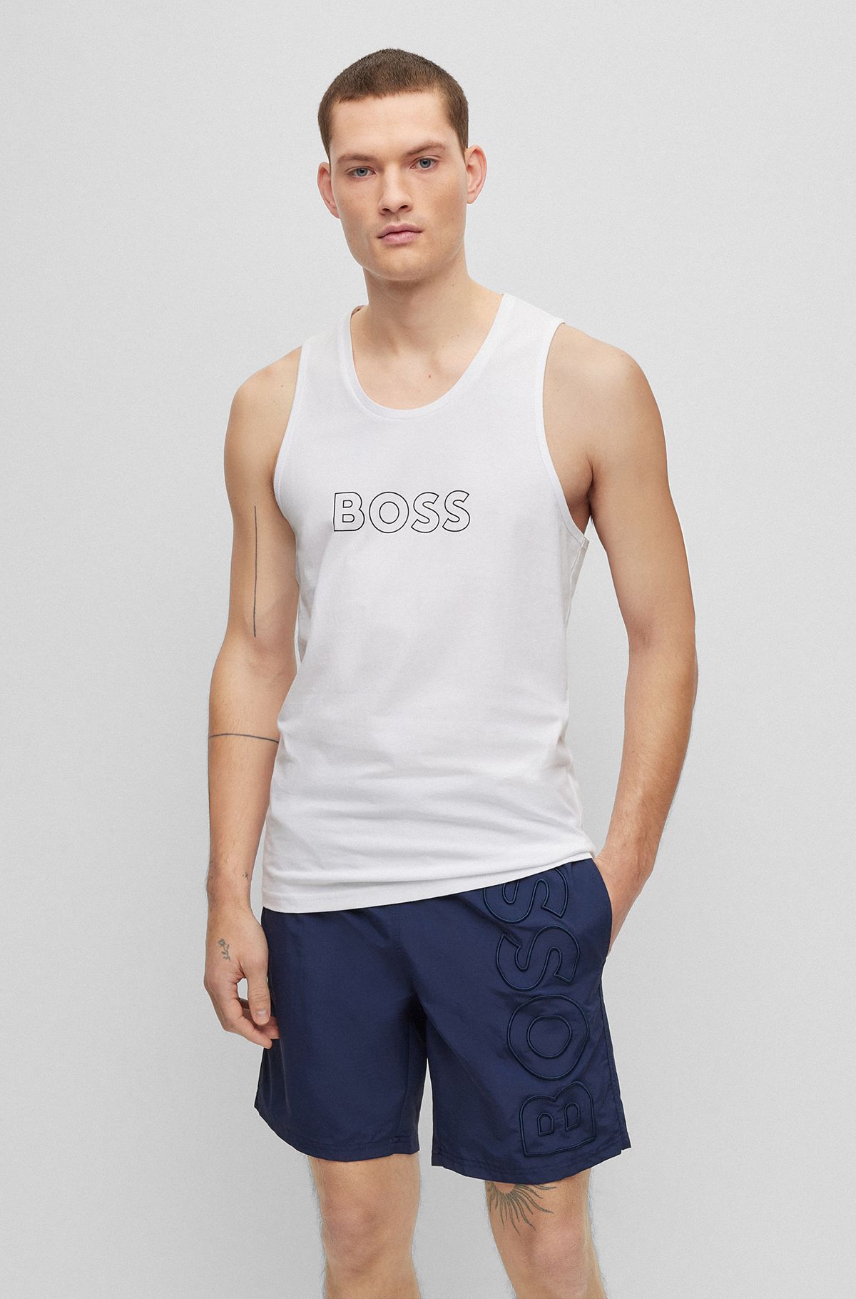 Cotton tank top with outline logo, White
