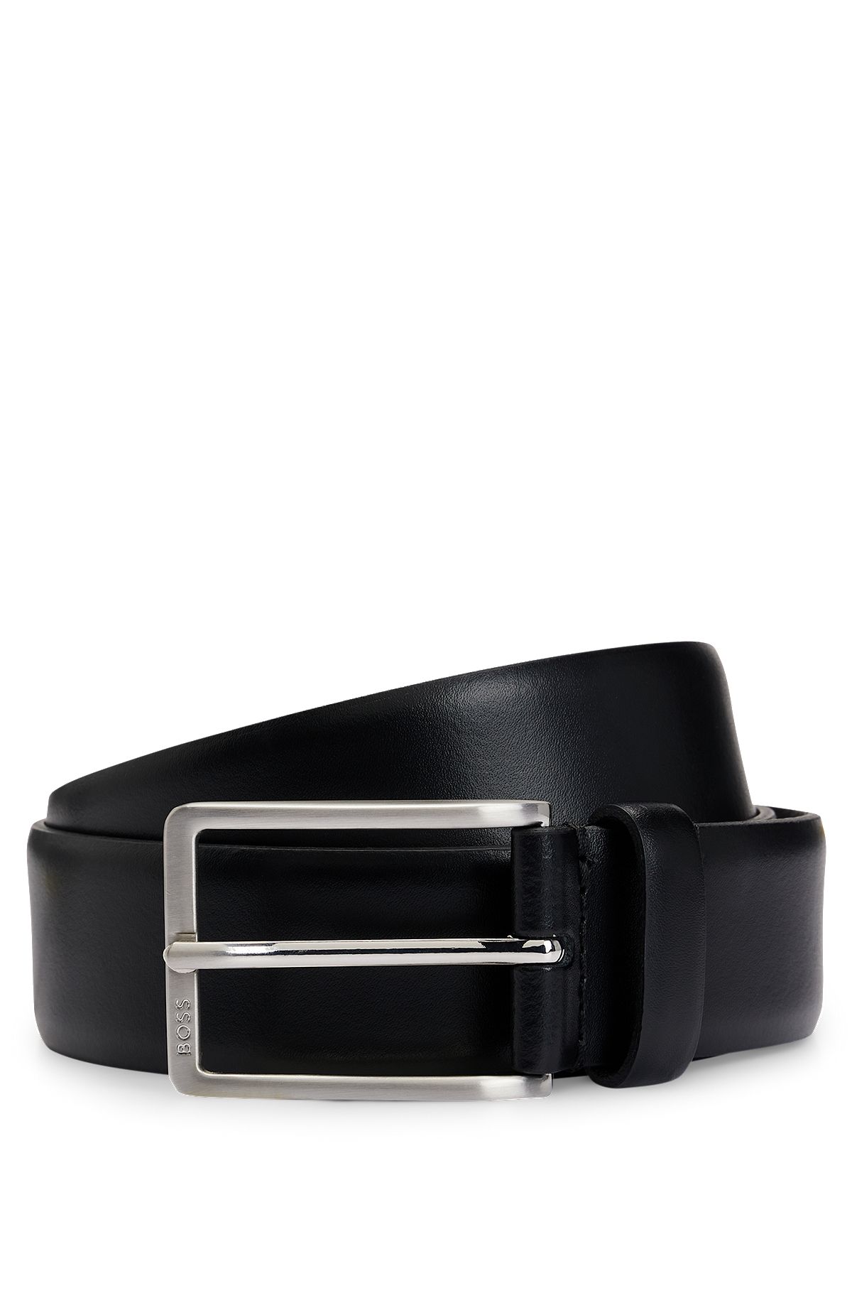 Italian-made leather belt with engraved-logo buckle, Black