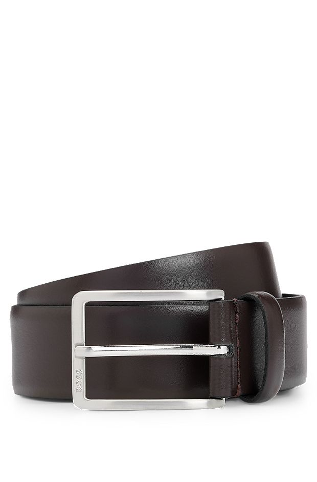 Cinturón de piel italiana con hebilla con logo grabado, Marrón oscuro