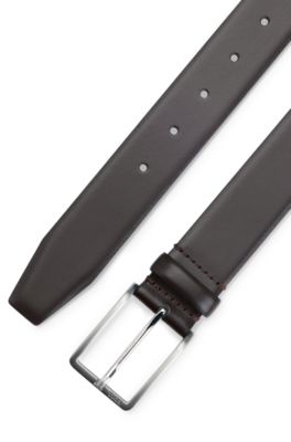 Cintur&oacute;n de piel italiana con herrajes plateados cepillados, Marr&oacute;n oscuro