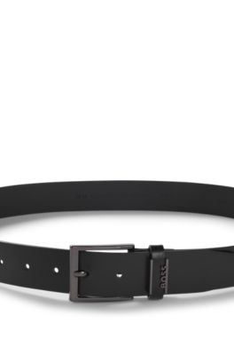 Ceinture en cuir italien avec garniture en m&eacute;tal bross&eacute; couleur acier, Noir