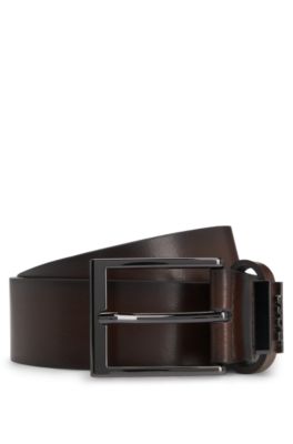 Ceinture en cuir italien avec garniture en m&eacute;tal bross&eacute; couleur acier, Marron fonc&eacute;
