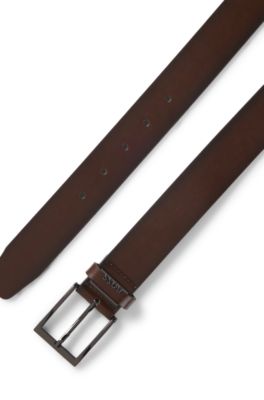 Ceinture en cuir italien avec garniture en m&eacute;tal bross&eacute; couleur acier, Marron fonc&eacute;